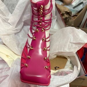 Fuchsia Strappy Heeled Boots with Gold Accents